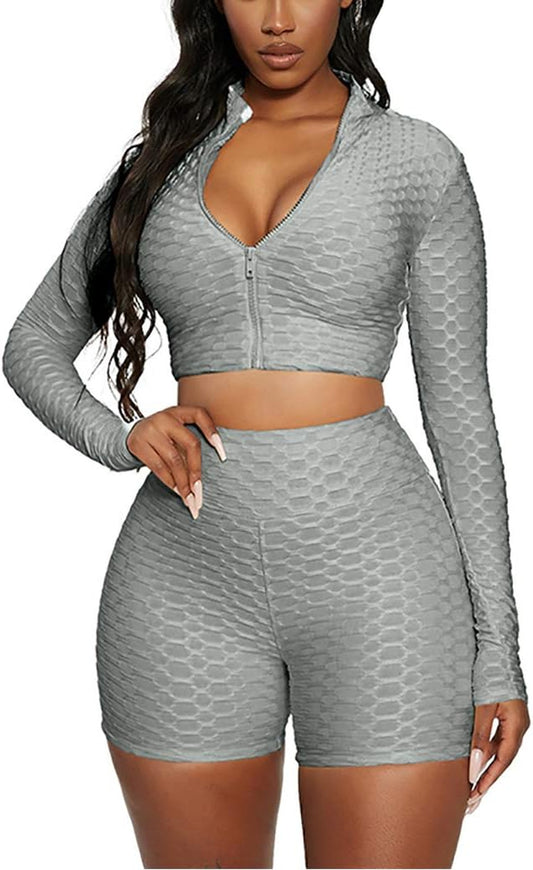 Workout 2 Piece Outfits for Women, Sport Long Sleeve Crop Tops and High Waist Bodycon Yoga Shorts Set Tracksuit